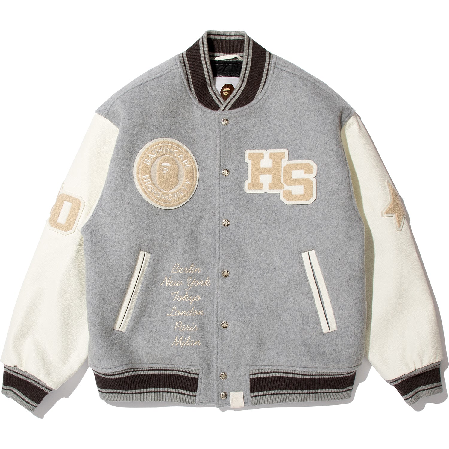 BAPE X HIGHSNOBIETY MULTI LOGO VARSITY JACKET MENS