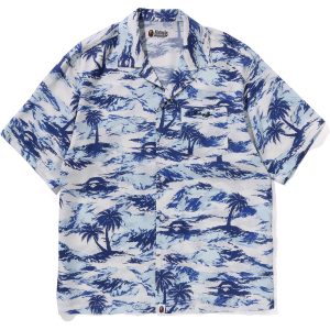 BAPE MENS PALM TREE CAMO OPEN COLLAR POCKET SS SHIRT