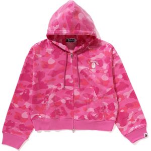 COLOR CAMO APE HEAD SEQUIN CROPPED FULL ZIP HOODIE LADIES